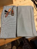 Pair of grey driving aprons, one with an antique leather buckle