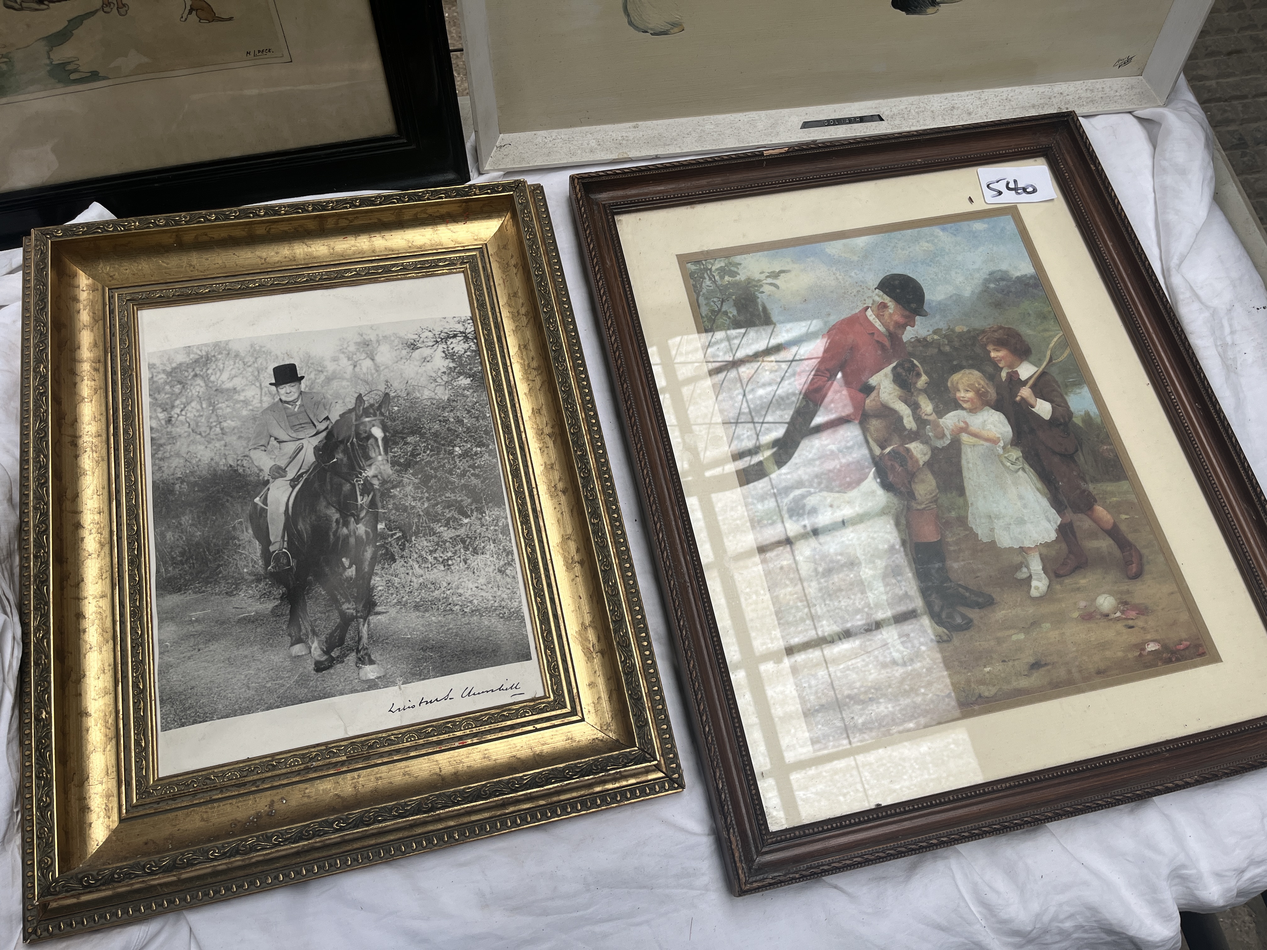 Framed oil on board painting of a Shire horse 'Goliath', a watercolour and two other prints - Image 9 of 9