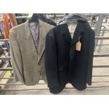 Men's short grey jacket, size large by Chums and a black men's riding jacket, size 42