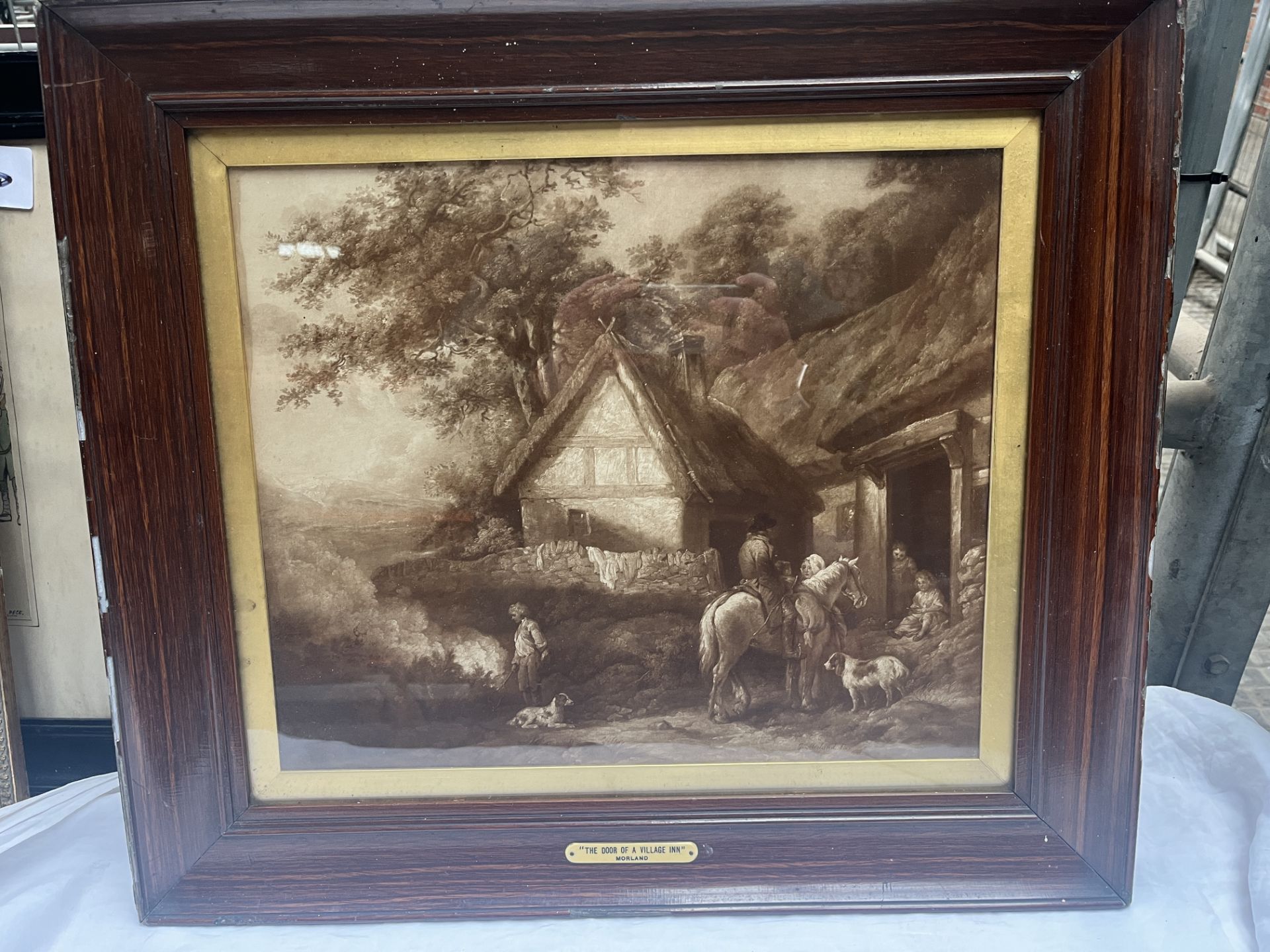 Framed and glazed George Morland print 'The Door of a Village Inn'