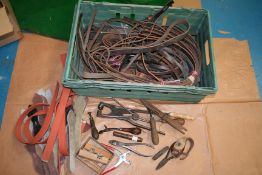 Quantity of saddler's tools plus assorted leather pieces