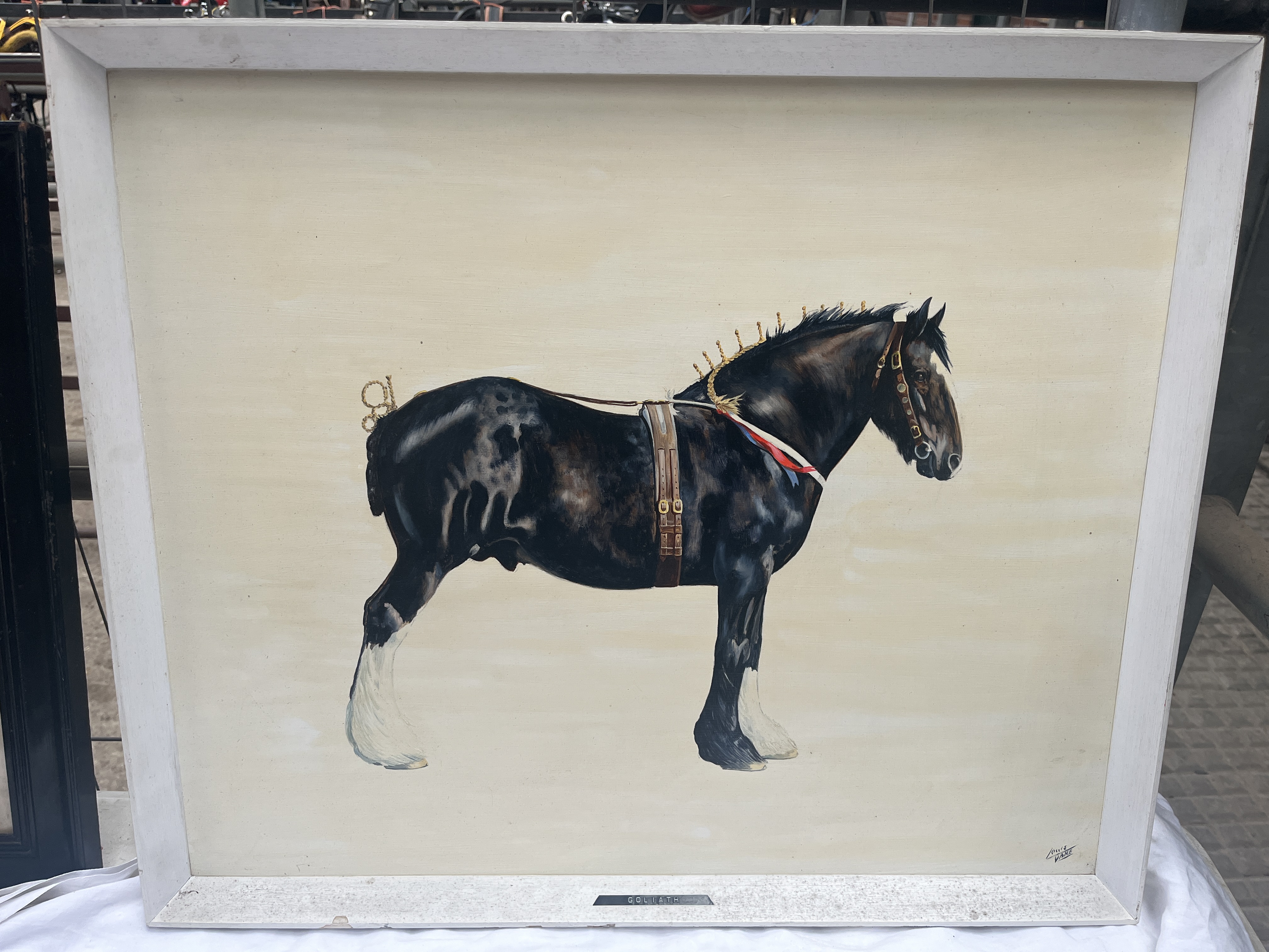 Framed oil on board painting of a Shire horse 'Goliath', a watercolour and two other prints