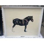 Framed oil on board painting of a Shire horse 'Goliath', a watercolour and two other prints