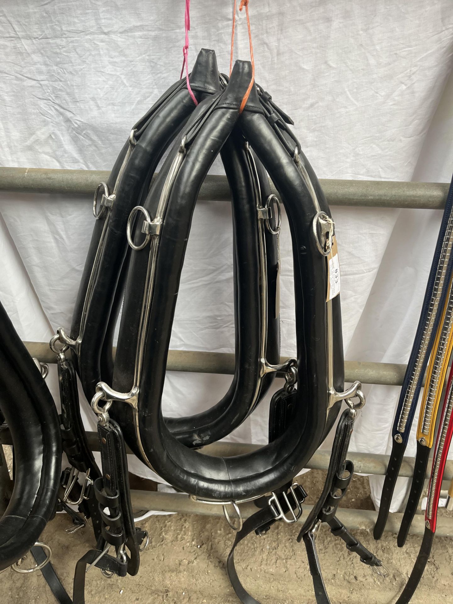 Pair of black collars with white metal hames, 23-inch. This lot carries VAT.