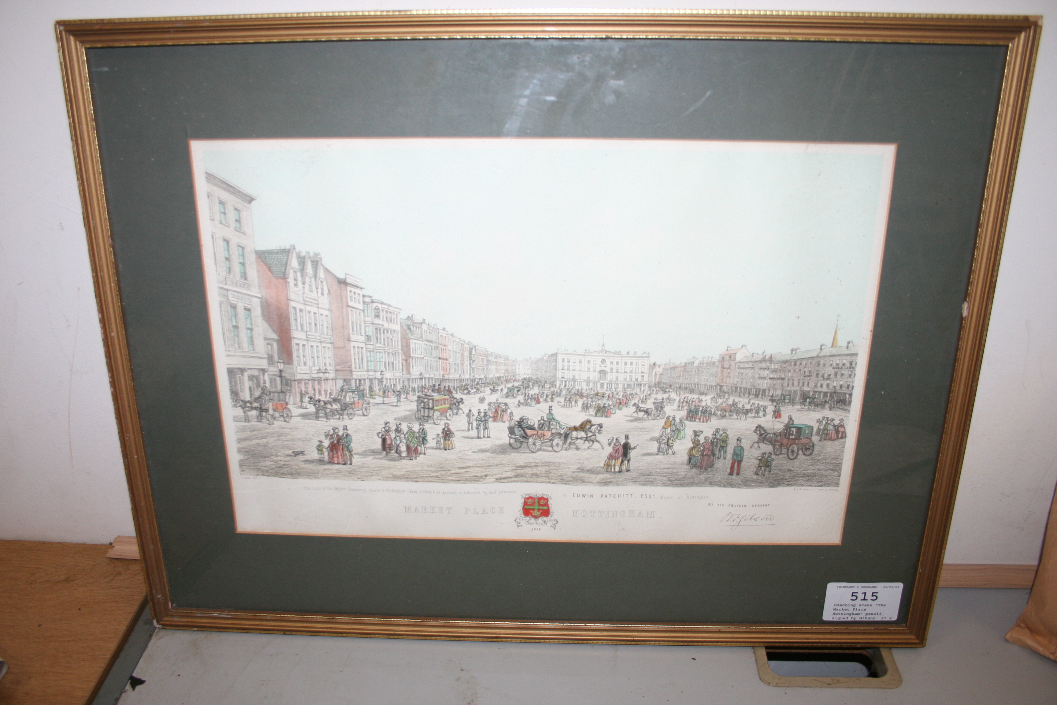 Coaching scene "The Market Place Nottingham" pencil signed by Gibson. 27" x 19"