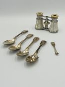 Four silver tea spoons and other items