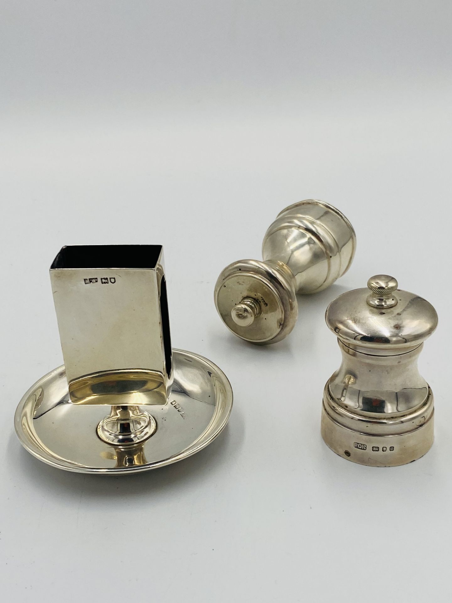 Two silver pepper grinders together with a silver matchbox holder - Image 2 of 8
