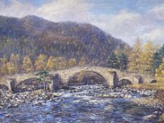 Framed oil on canvas of the Old Bridge at Invercauld