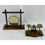 Oak table gong together with a set of postal scales