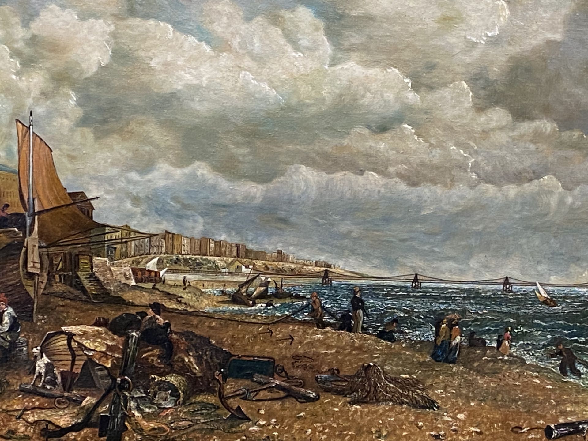 Framed oil on canvas of a Victorian coastal scene