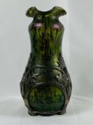 Early 20th century art nouveau green iridescent glass vase with pewter mount