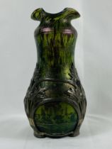 Early 20th century art nouveau green iridescent glass vase with pewter mount