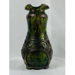 Early 20th century art nouveau green iridescent glass vase with pewter mount