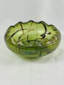 Green glass sgraffito style bowl with scalloped rim
