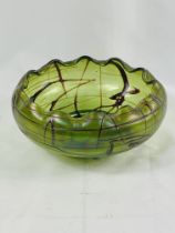 Green glass sgraffito style bowl with scalloped rim