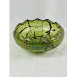 Green glass sgraffito style bowl with scalloped rim