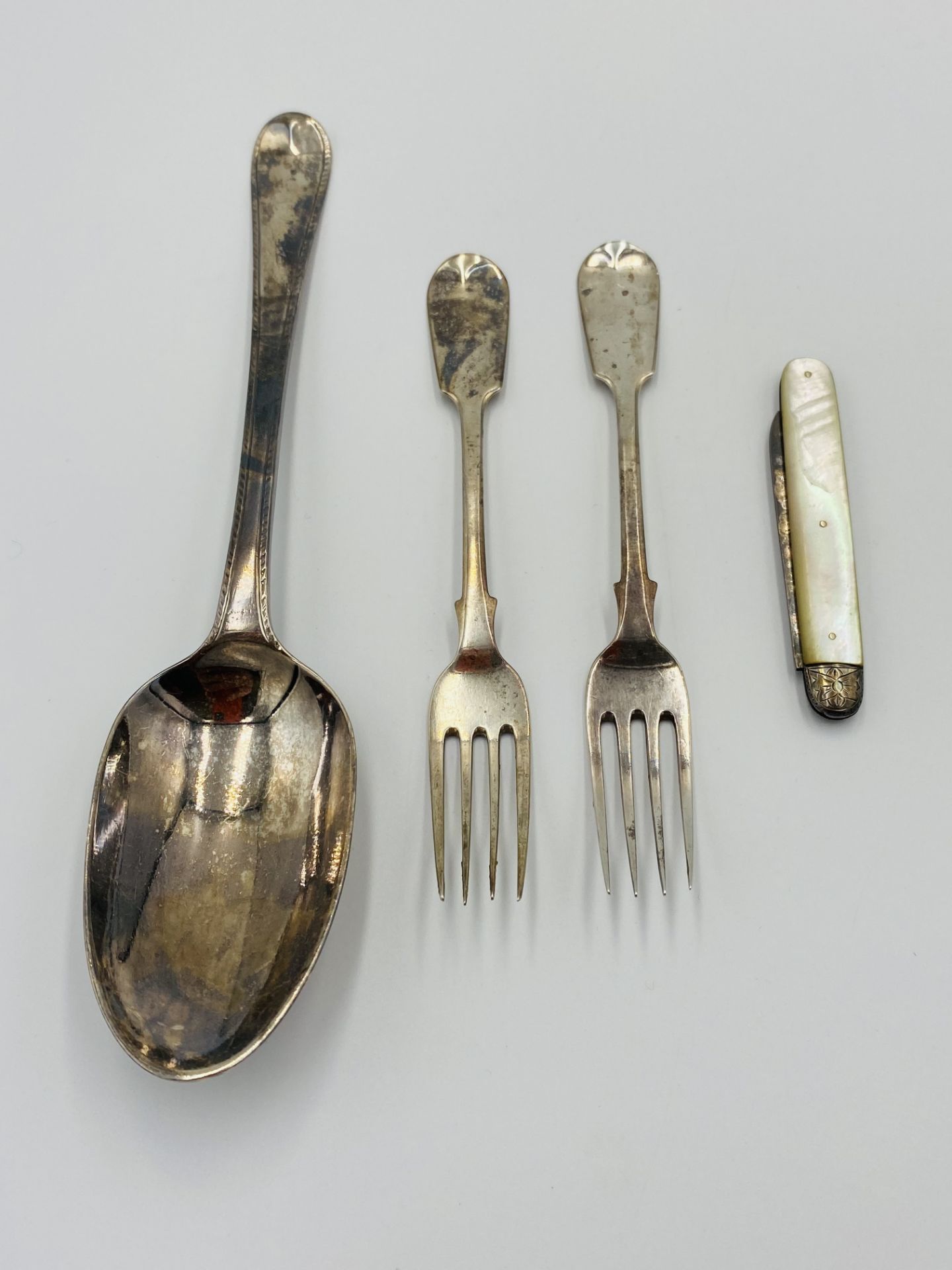 George III silver table spoon, together with other items of silver