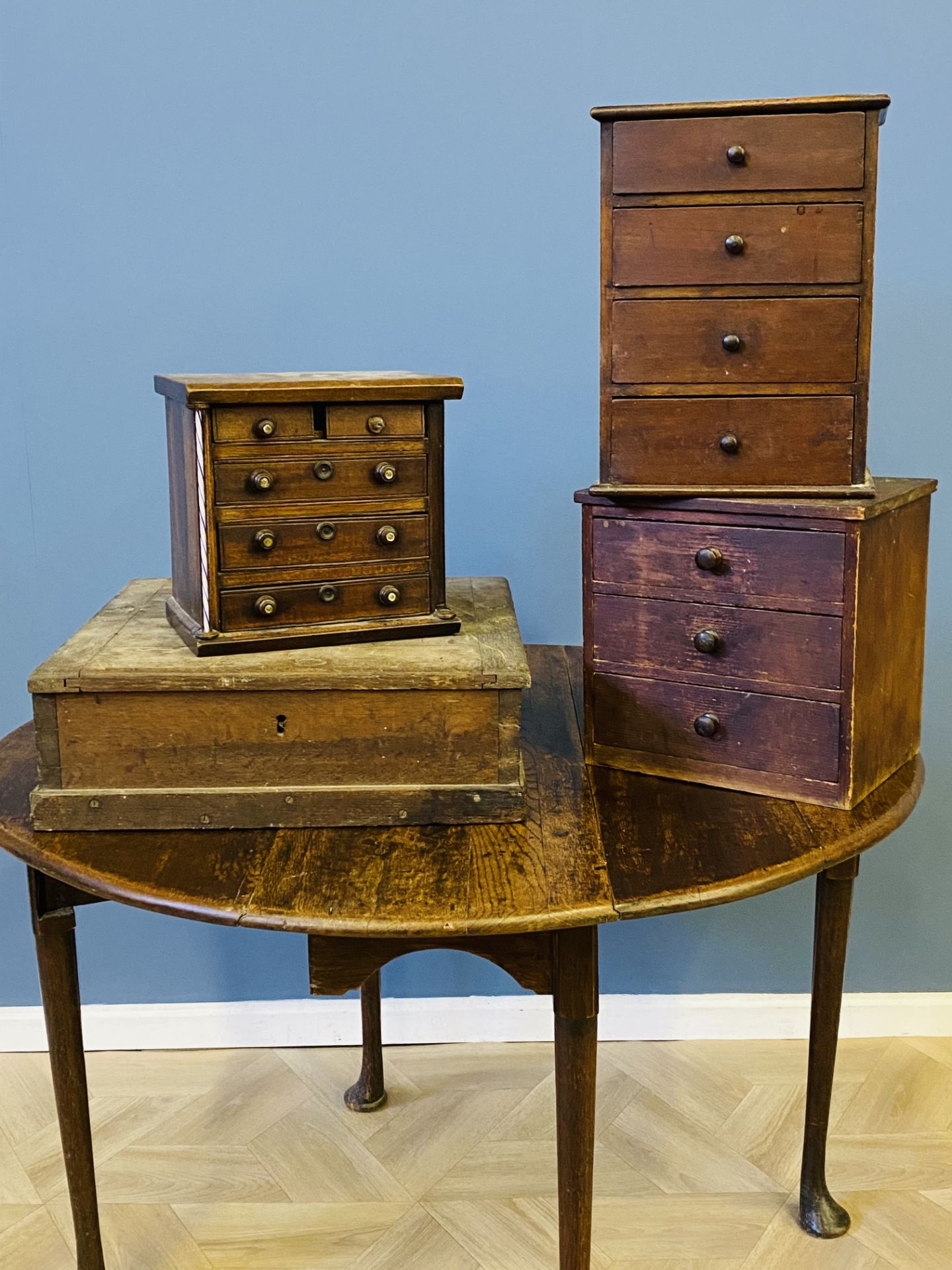 Apprentice chest, two banks of drawers and an oak box