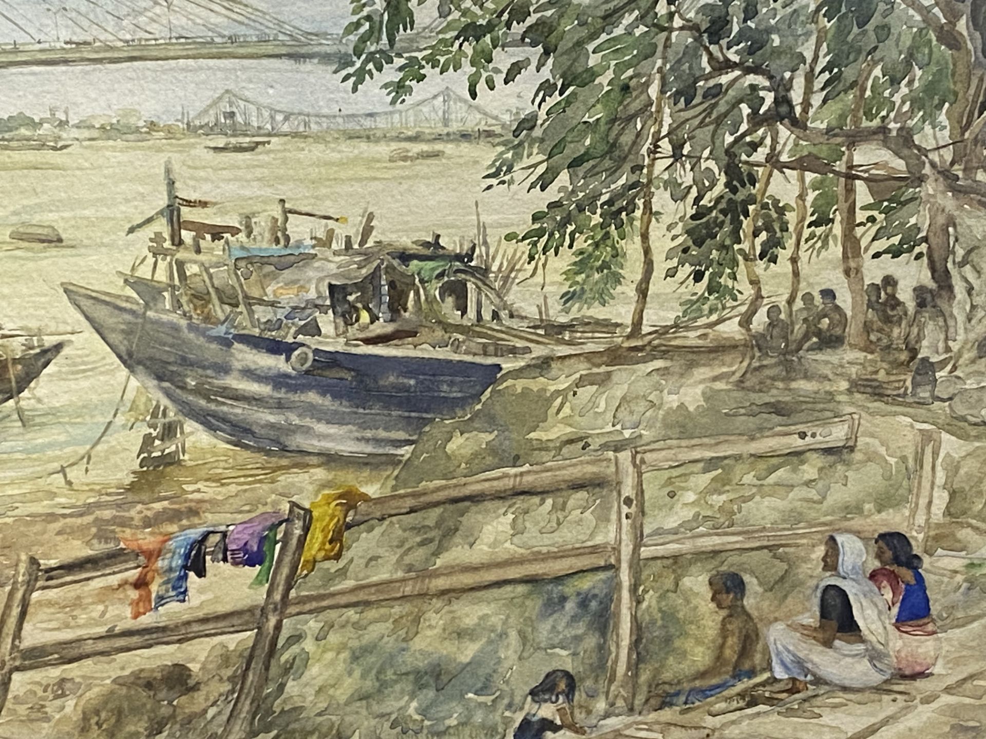 Framed and glazed 19th century watercolour of a river scene in India, signed by artist - Bild 2 aus 5
