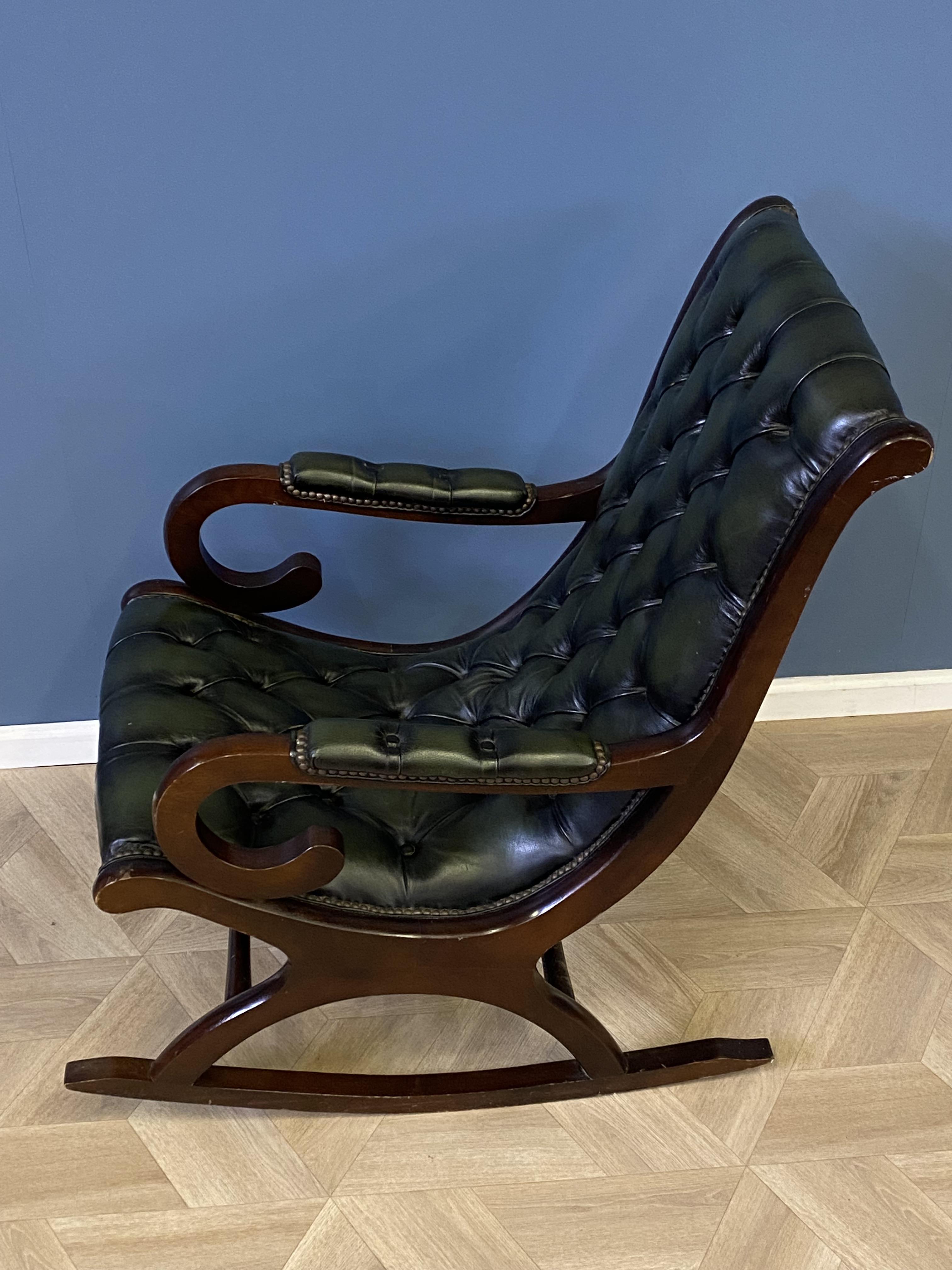 Mahogany framed green leather button back rocking chair - Image 5 of 7