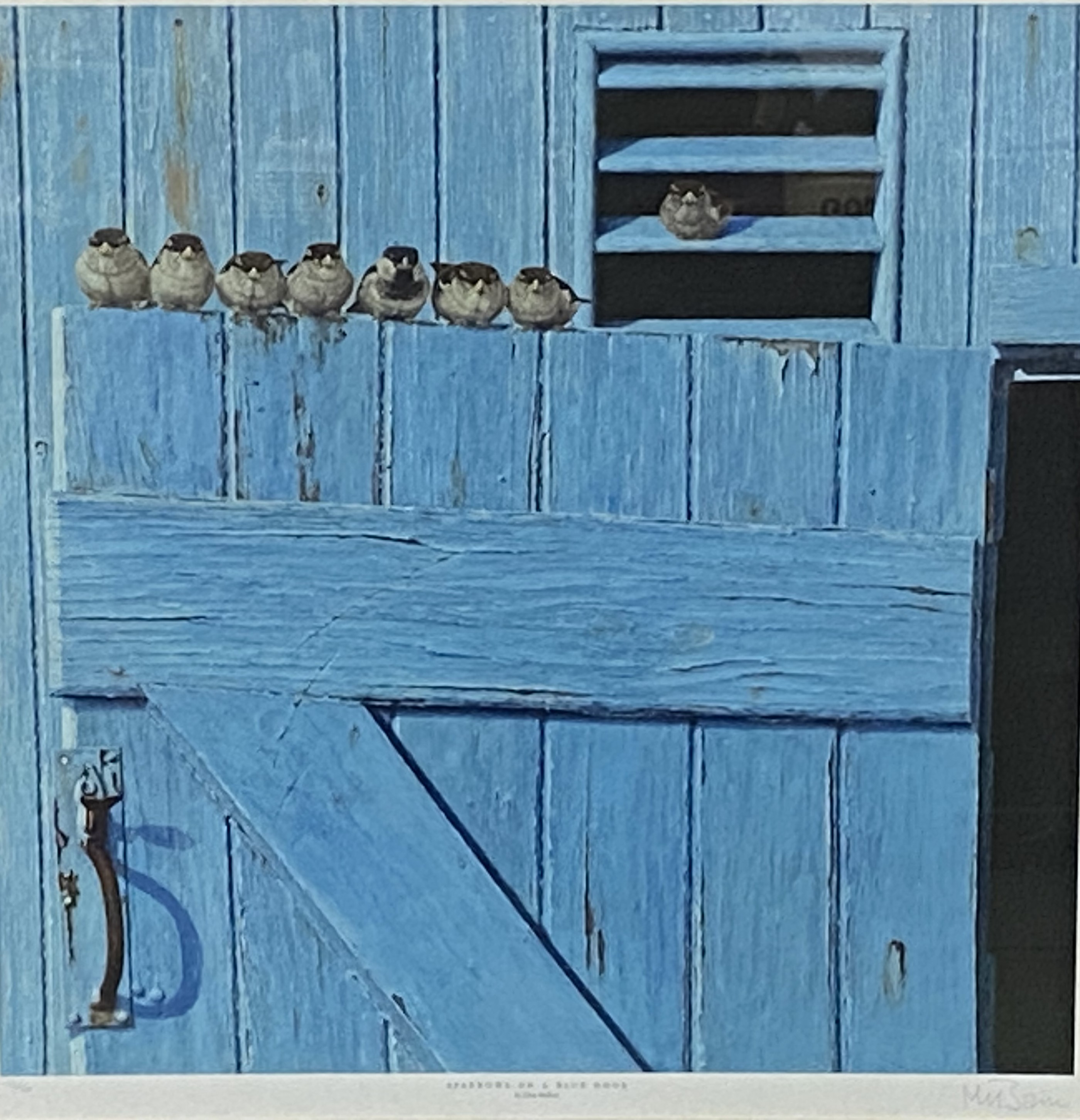 Framed and glazed limited edition lithographic print, Sparrows on a blue door