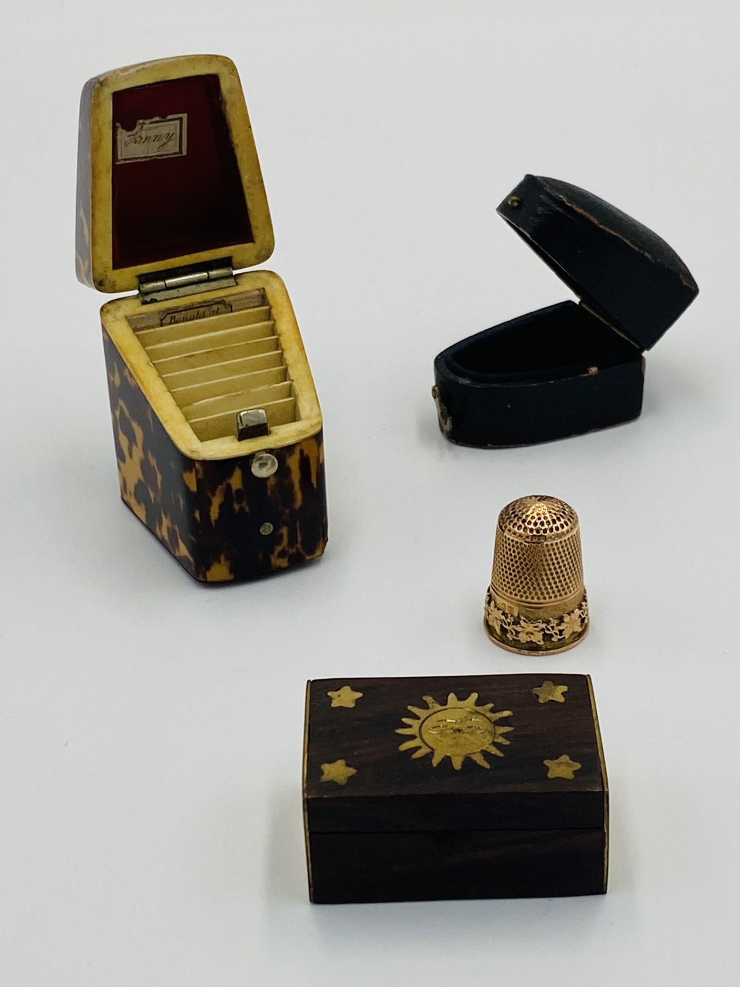 9ct gold thimble, 1907, a19th century tortoiseshell needle box; and a brass bound hardwood box. - Image 2 of 6