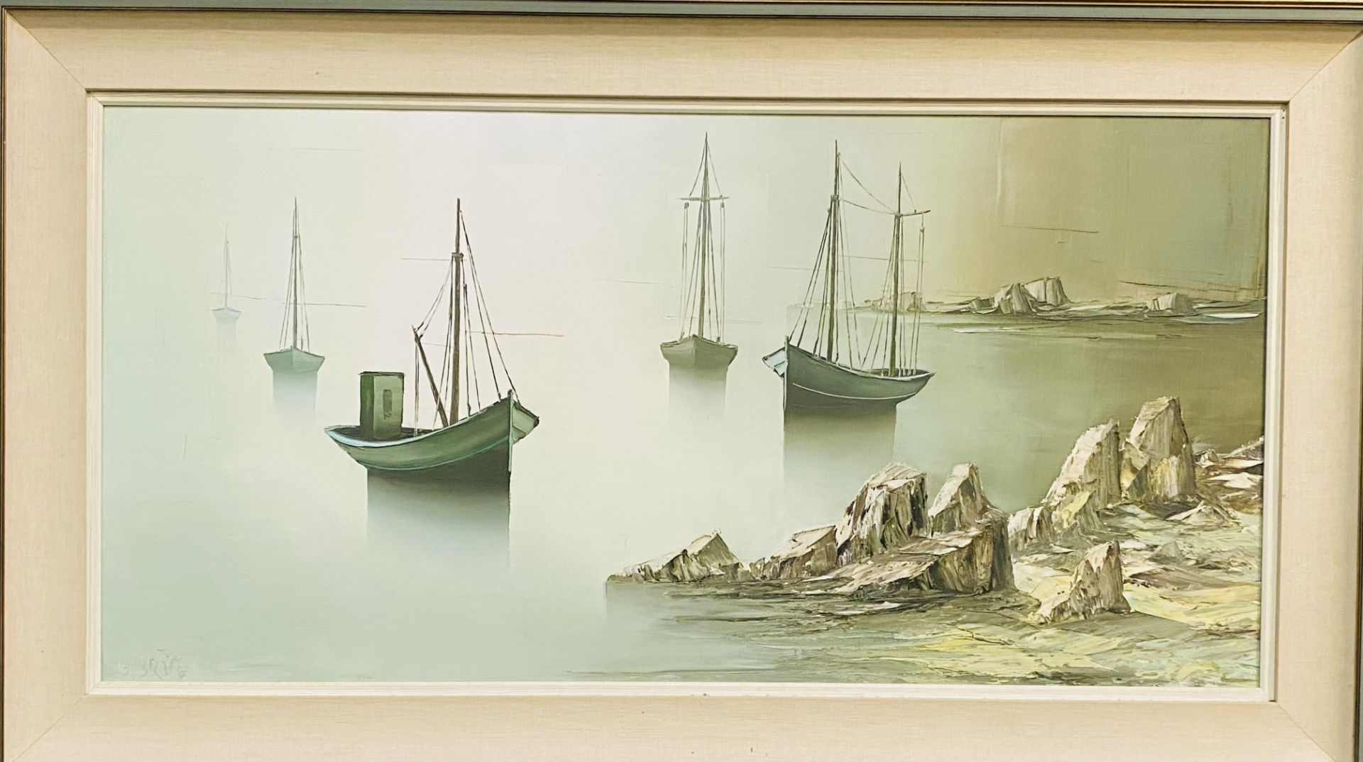 Gilbert Bria - framed oil on canvas of moored boats - Image 2 of 5