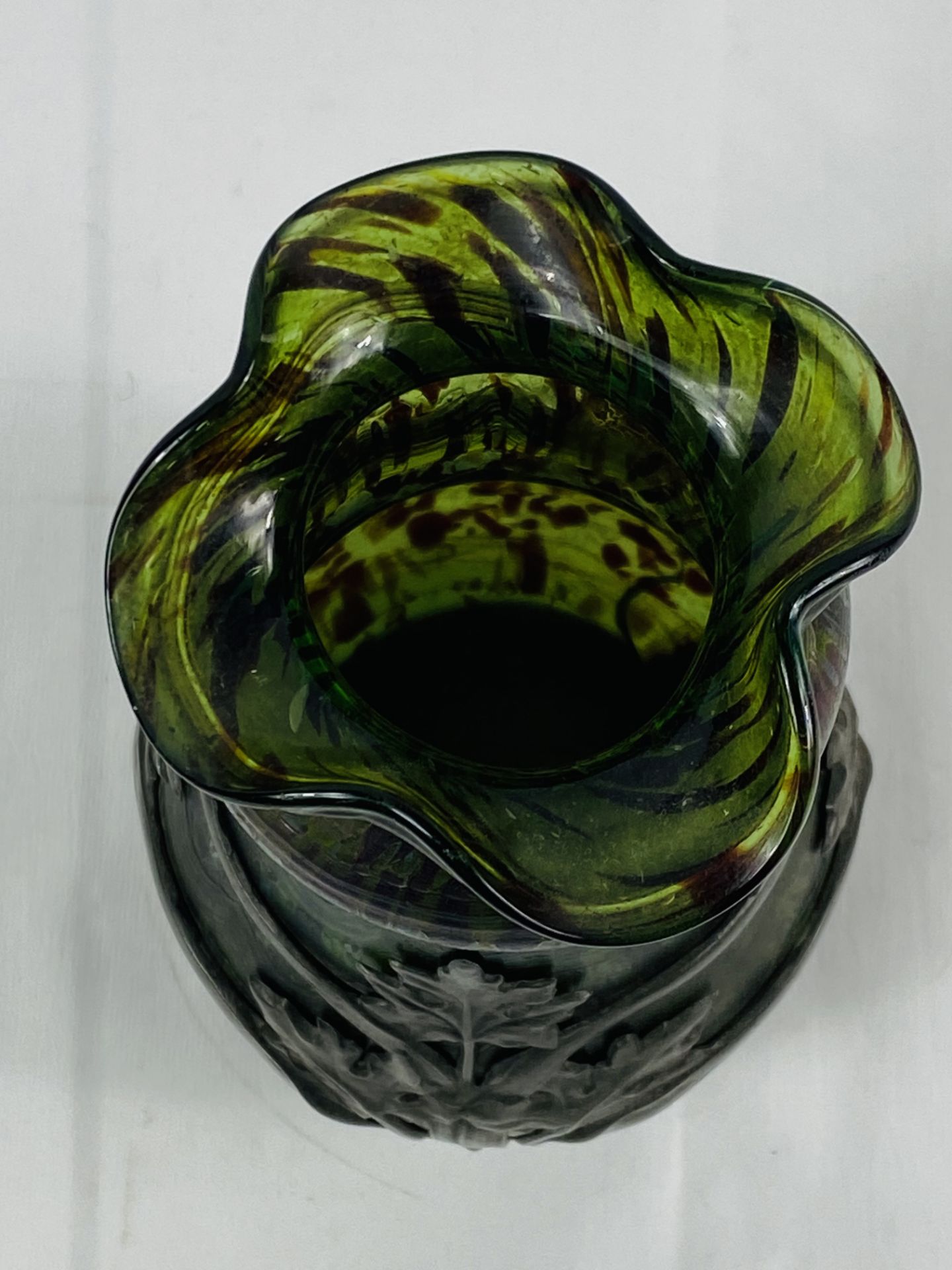 Early 20th century art nouveau green iridescent glass vase with pewter mount - Image 4 of 6