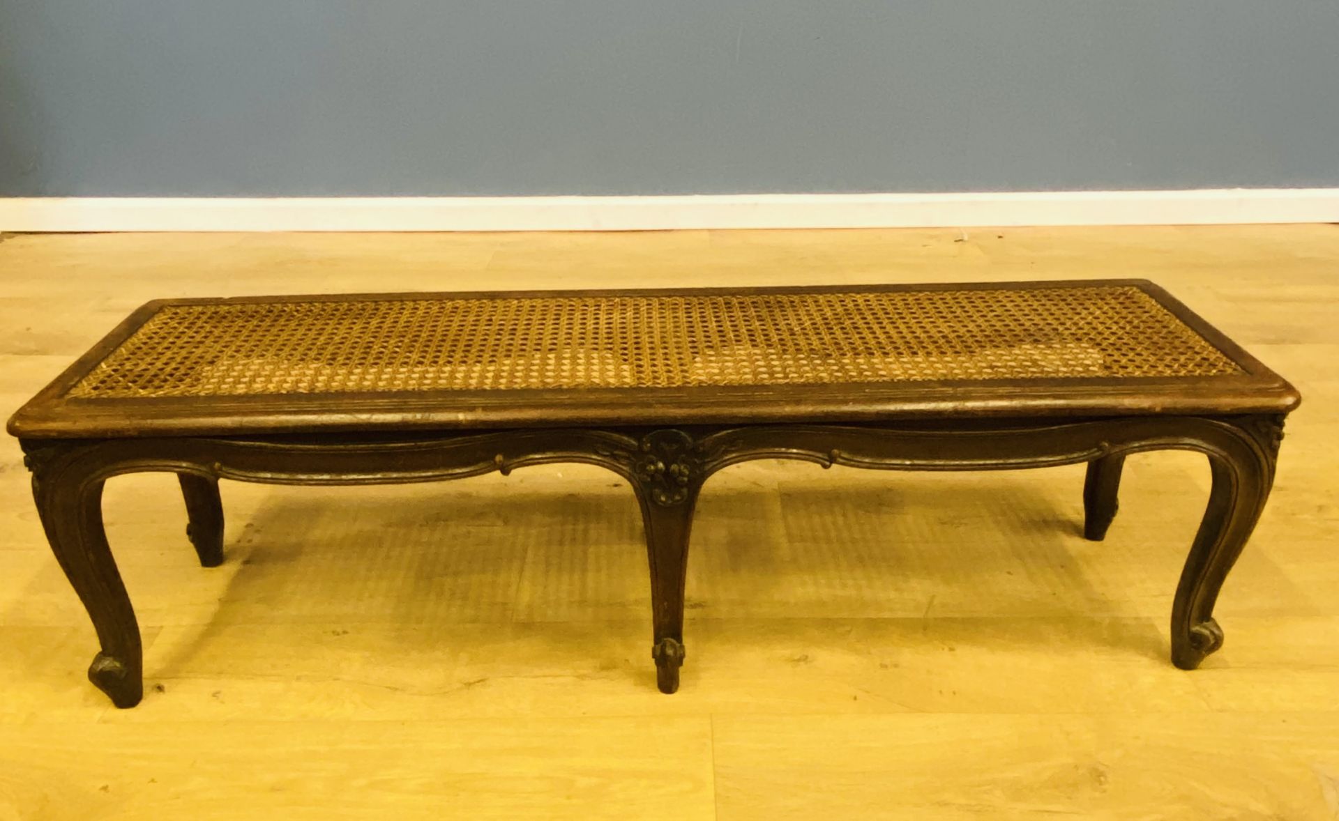 French walnut footstool with cane worktop