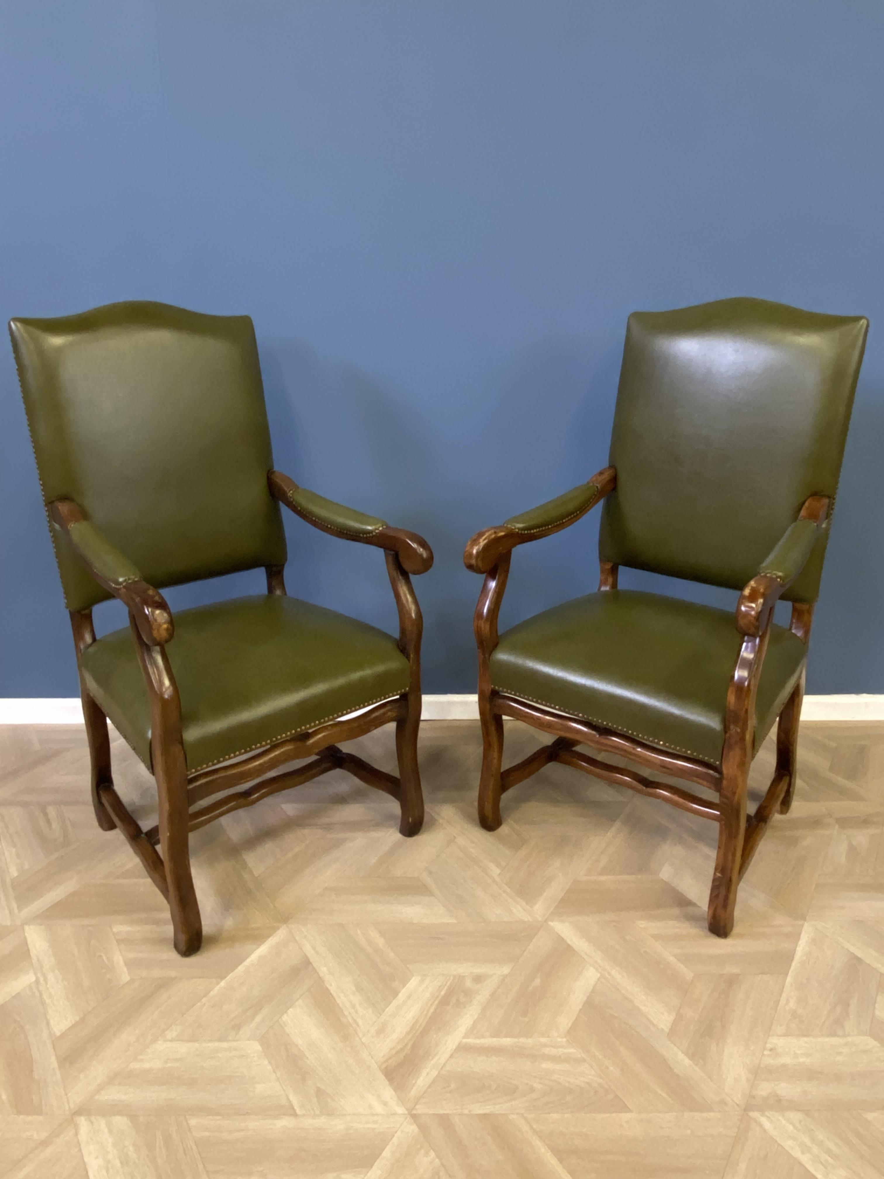 Pair of green leather open armchairs - Image 2 of 8