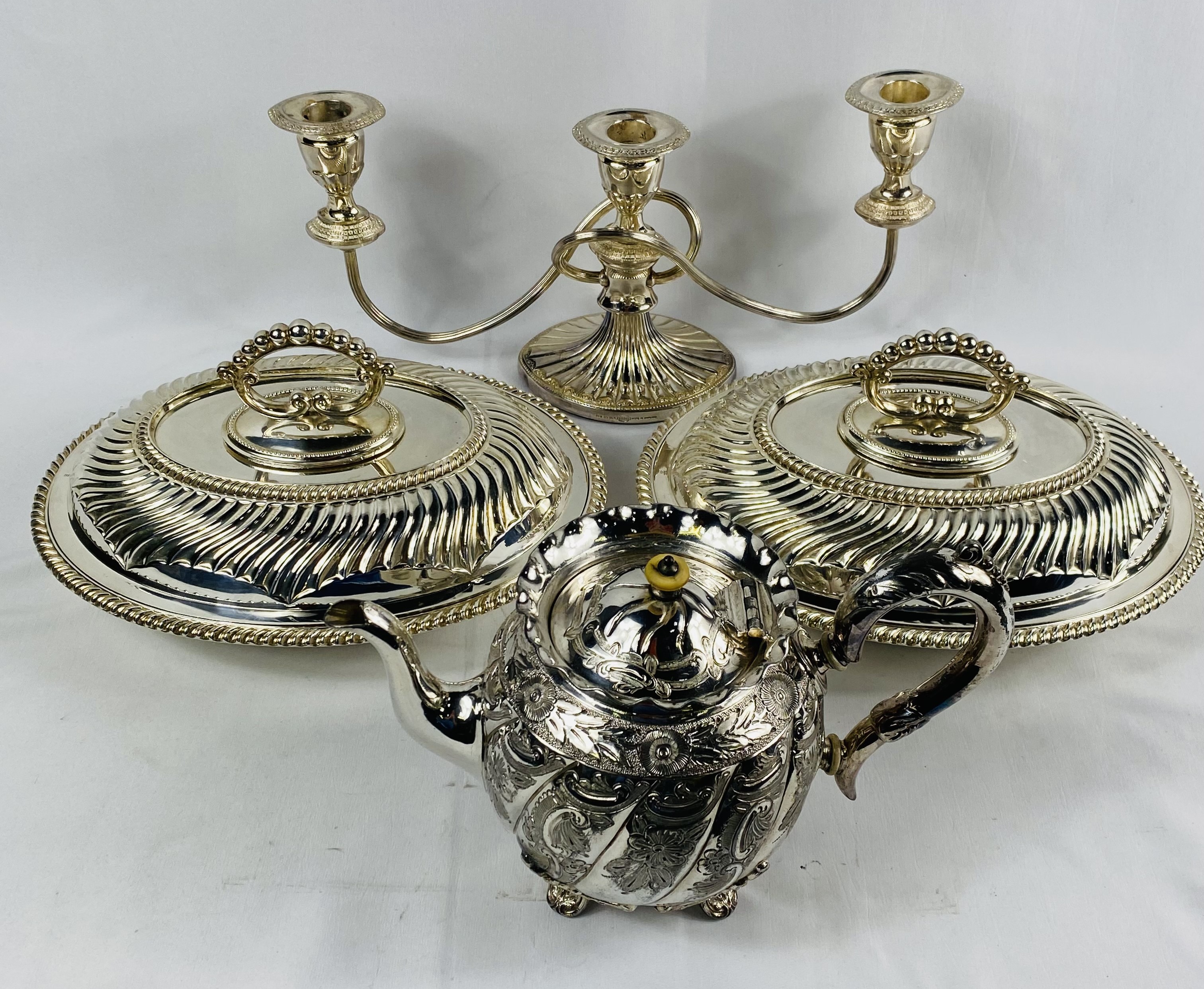 Pair of silver plate entree dishes and other items