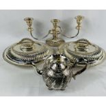 Pair of silver plate entree dishes and other items