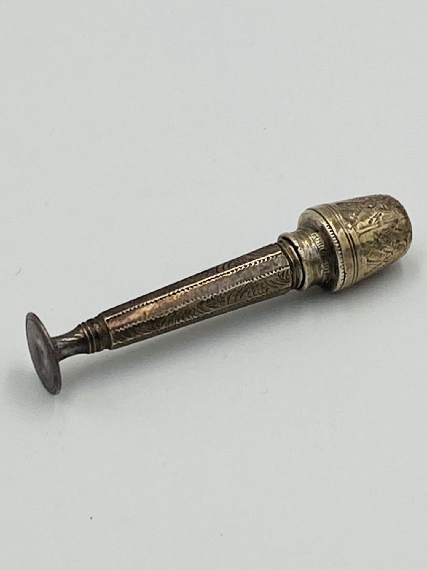A silver standing thimble compendium/needle case/seal