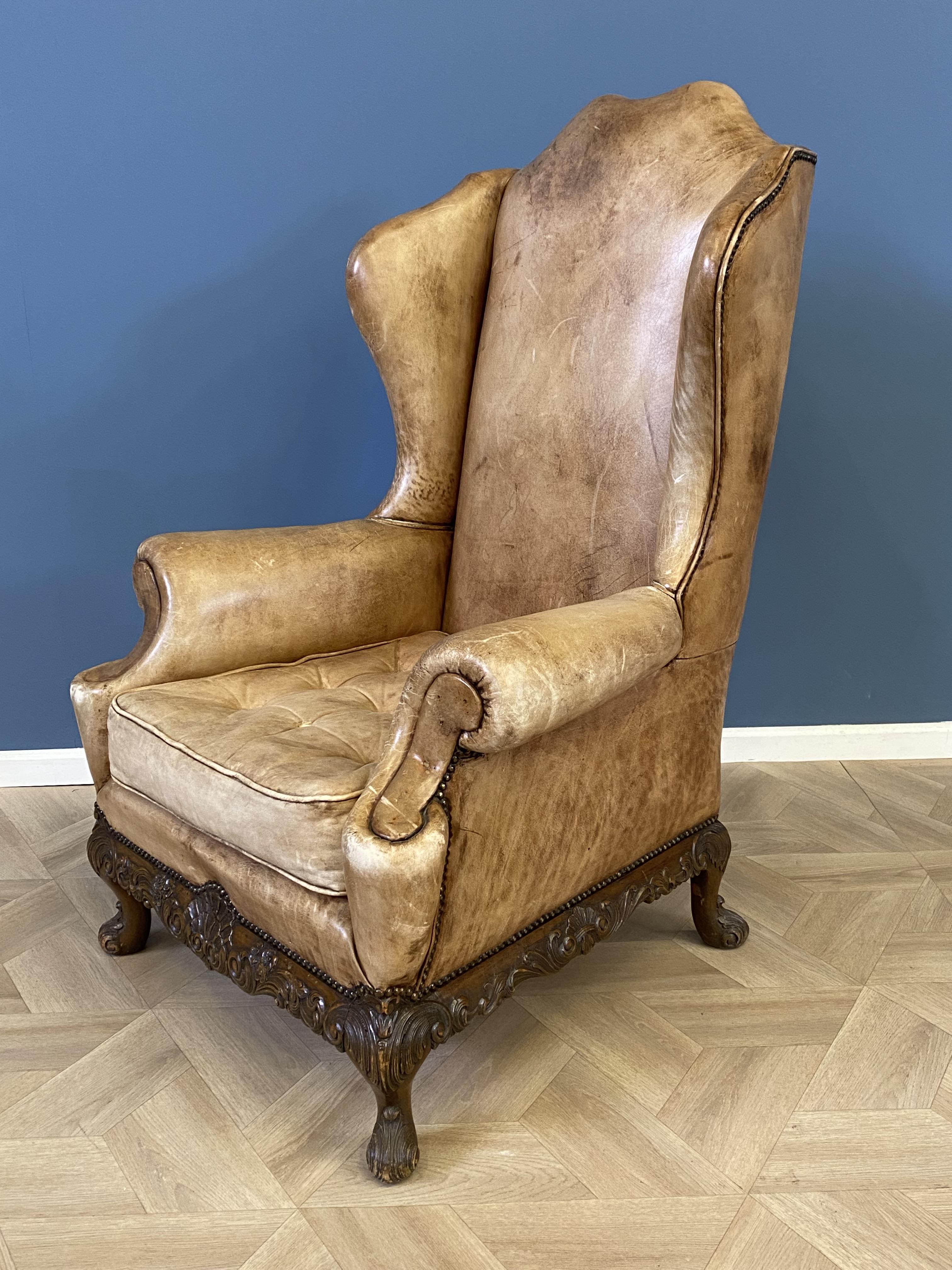 Queen Anne style leather wing back open armchair - Image 4 of 7