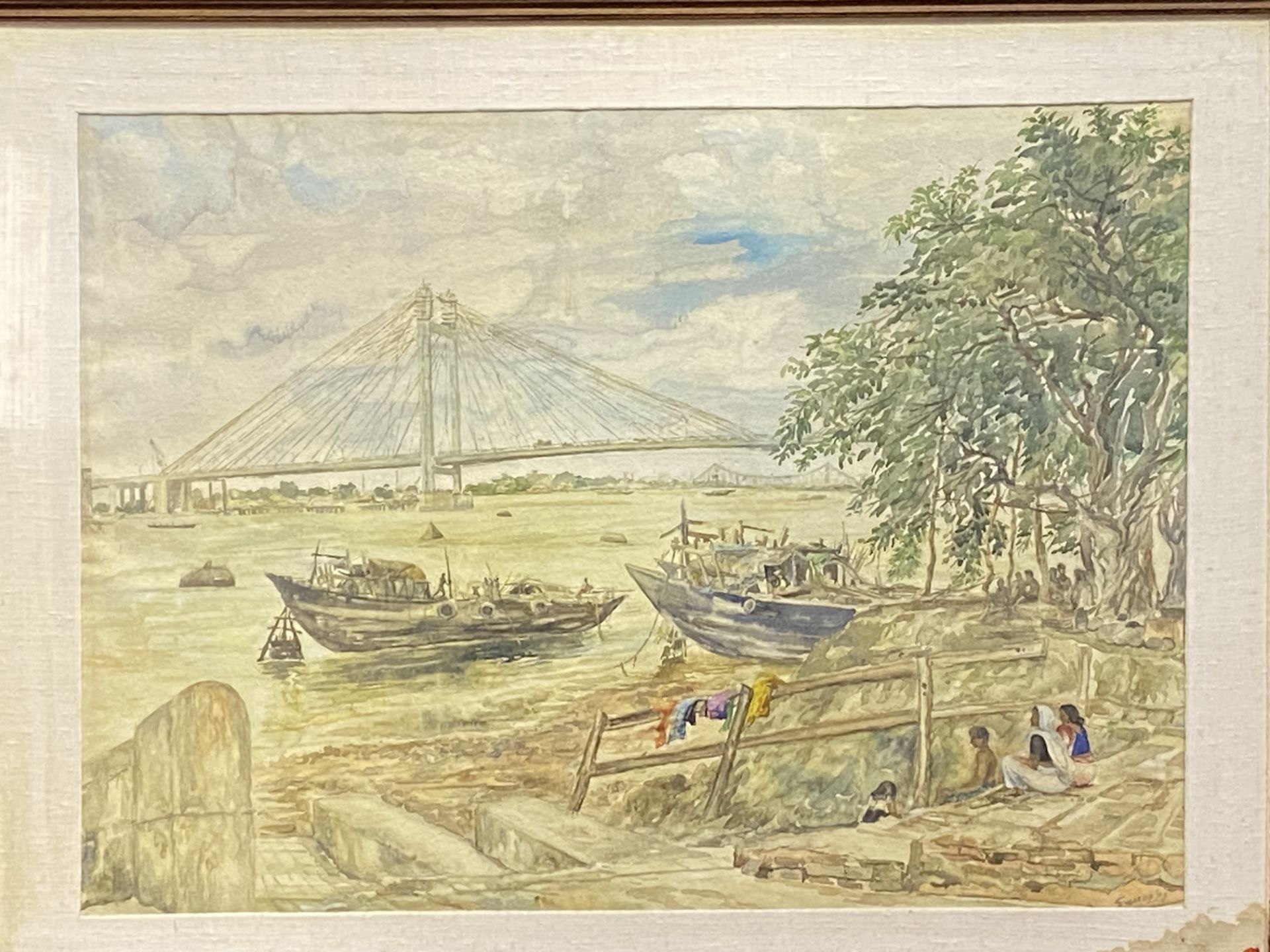 Framed and glazed 19th century watercolour of a river scene in India, signed by artist - Bild 5 aus 5