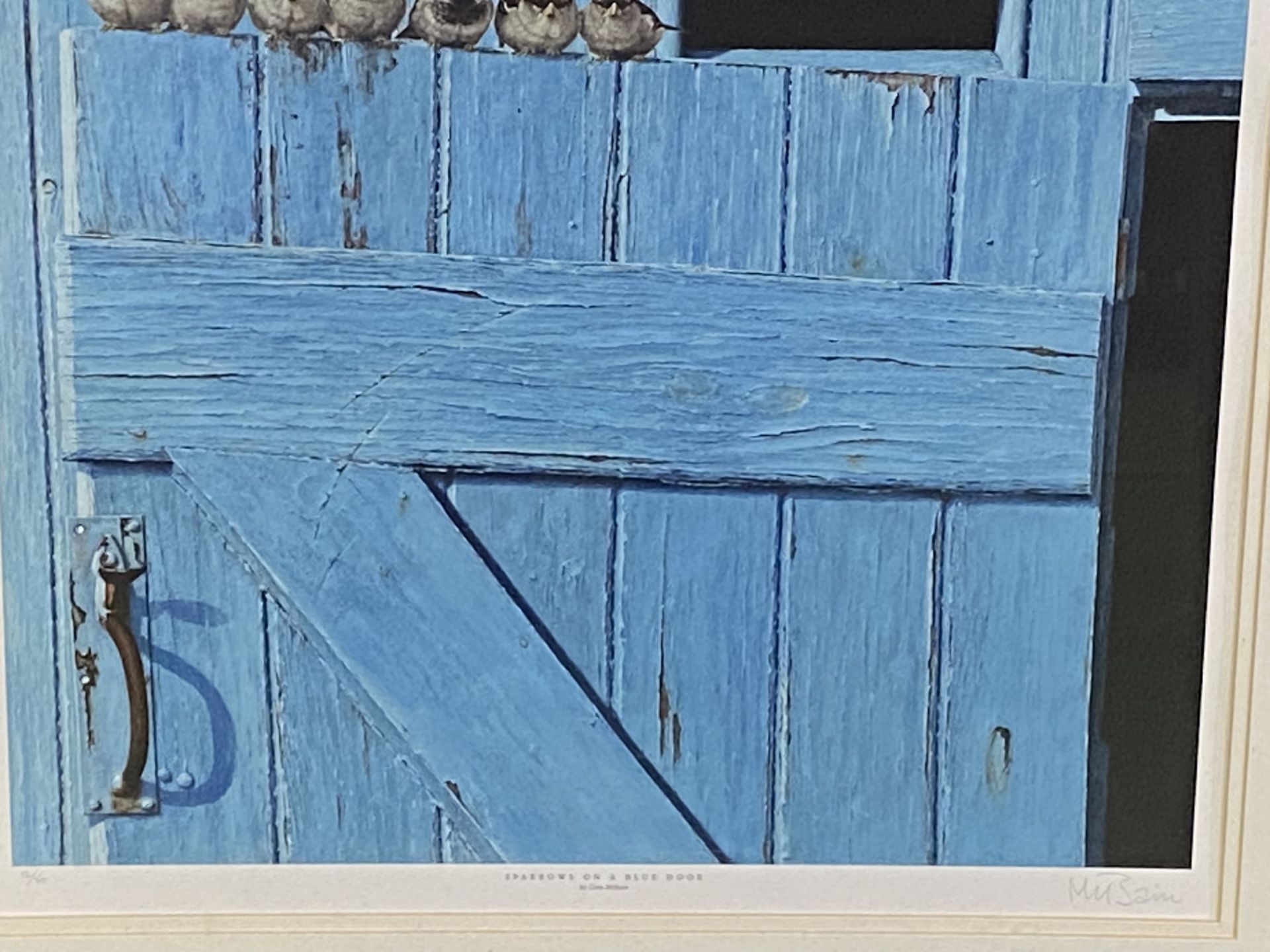 Framed and glazed limited edition lithographic print, Sparrows on a blue door - Image 2 of 3