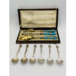 Set of six silver tea spoons and other items