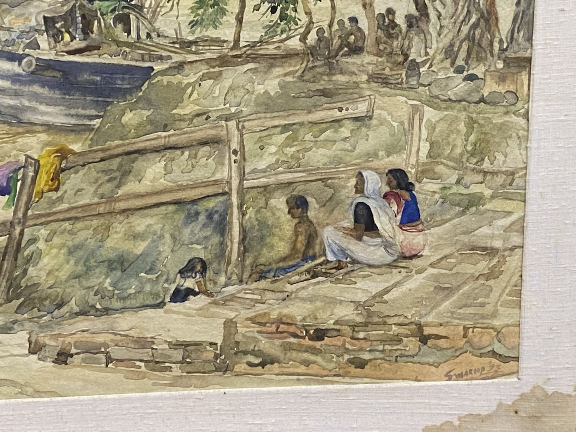 Framed and glazed 19th century watercolour of a river scene in India, signed by artist - Bild 3 aus 5