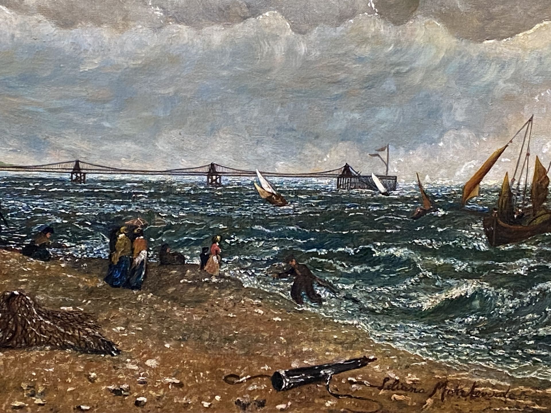 Framed oil on canvas of a Victorian coastal scene - Image 4 of 4