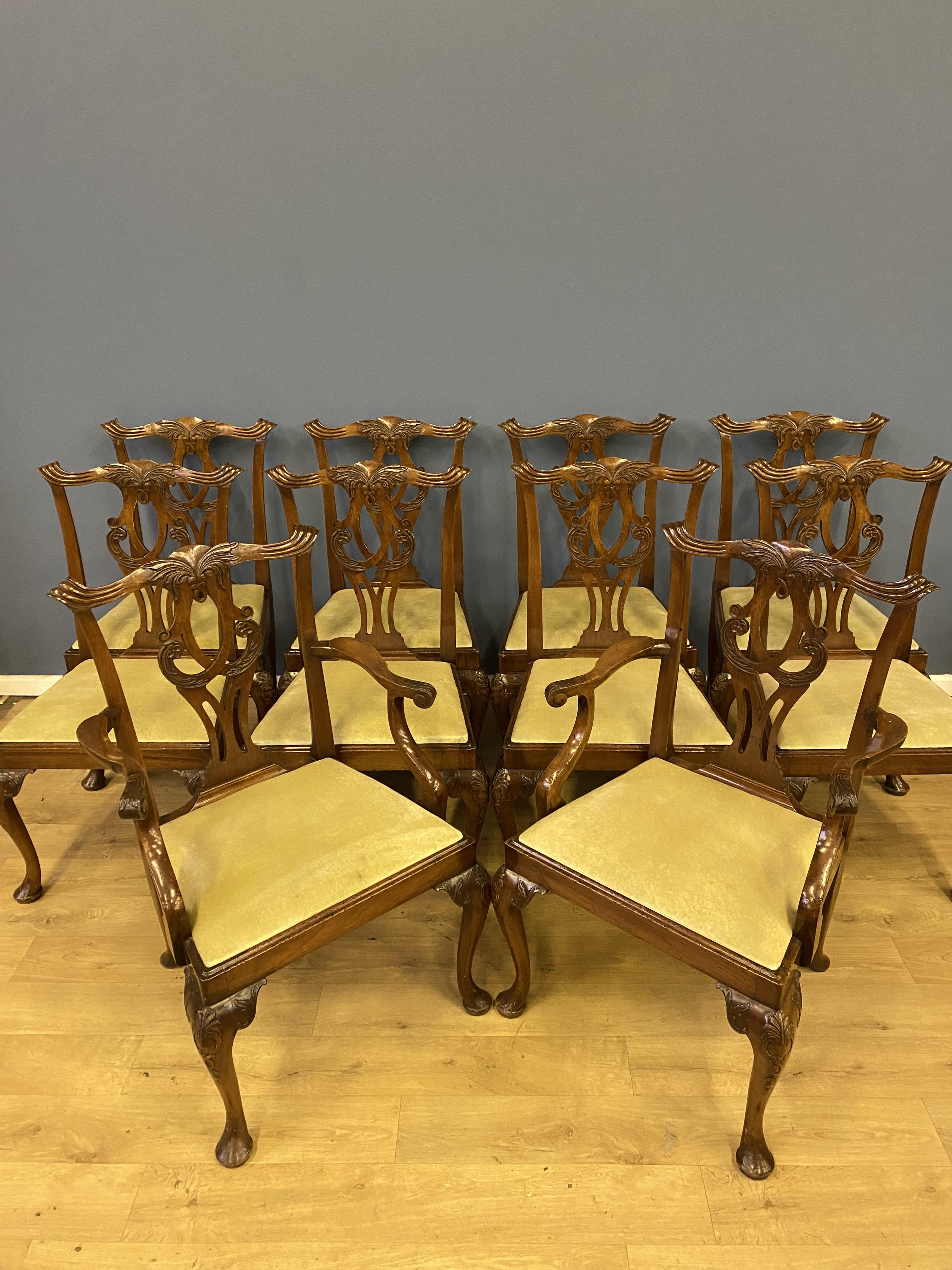Set of ten 1920's mahogany Chippendale style dining chairs