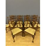 Set of ten 1920's mahogany Chippendale style dining chairs