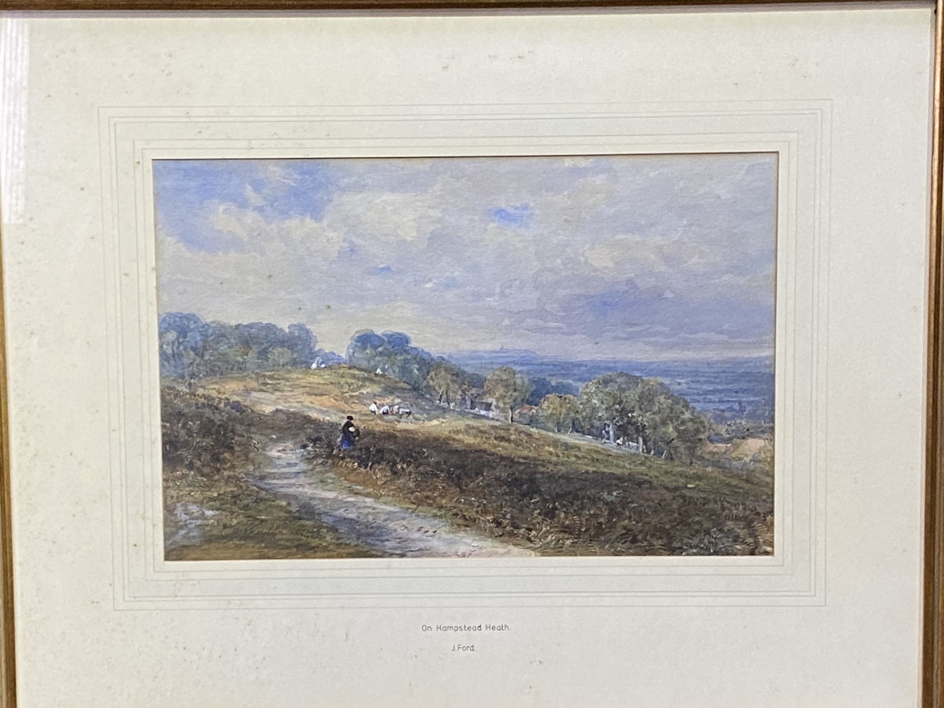 Framed and glazed watercolour "On Hampstead Heath" written to border J Ford - Image 2 of 3