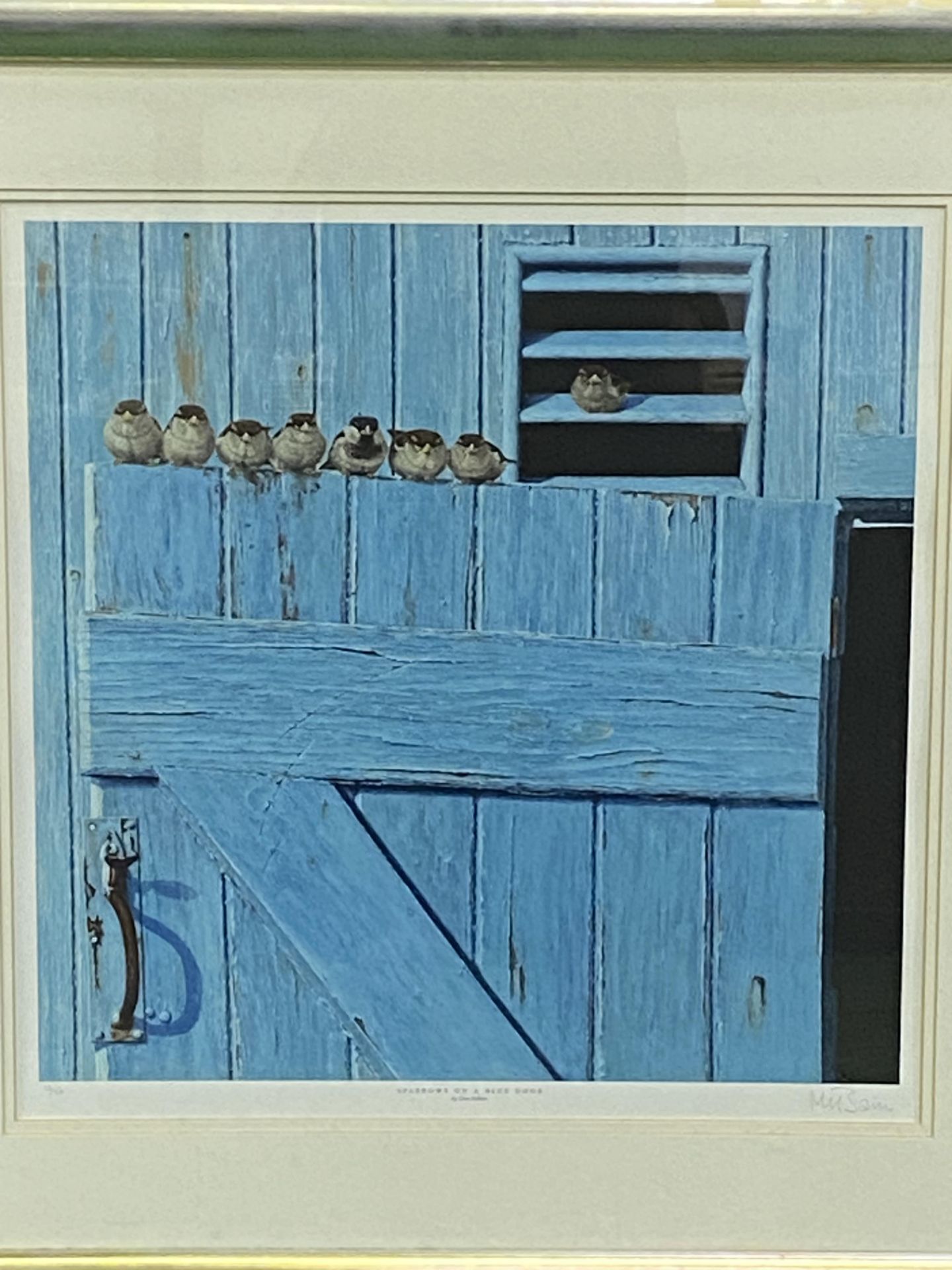 Framed and glazed limited edition lithographic print, Sparrows on a blue door - Image 3 of 3