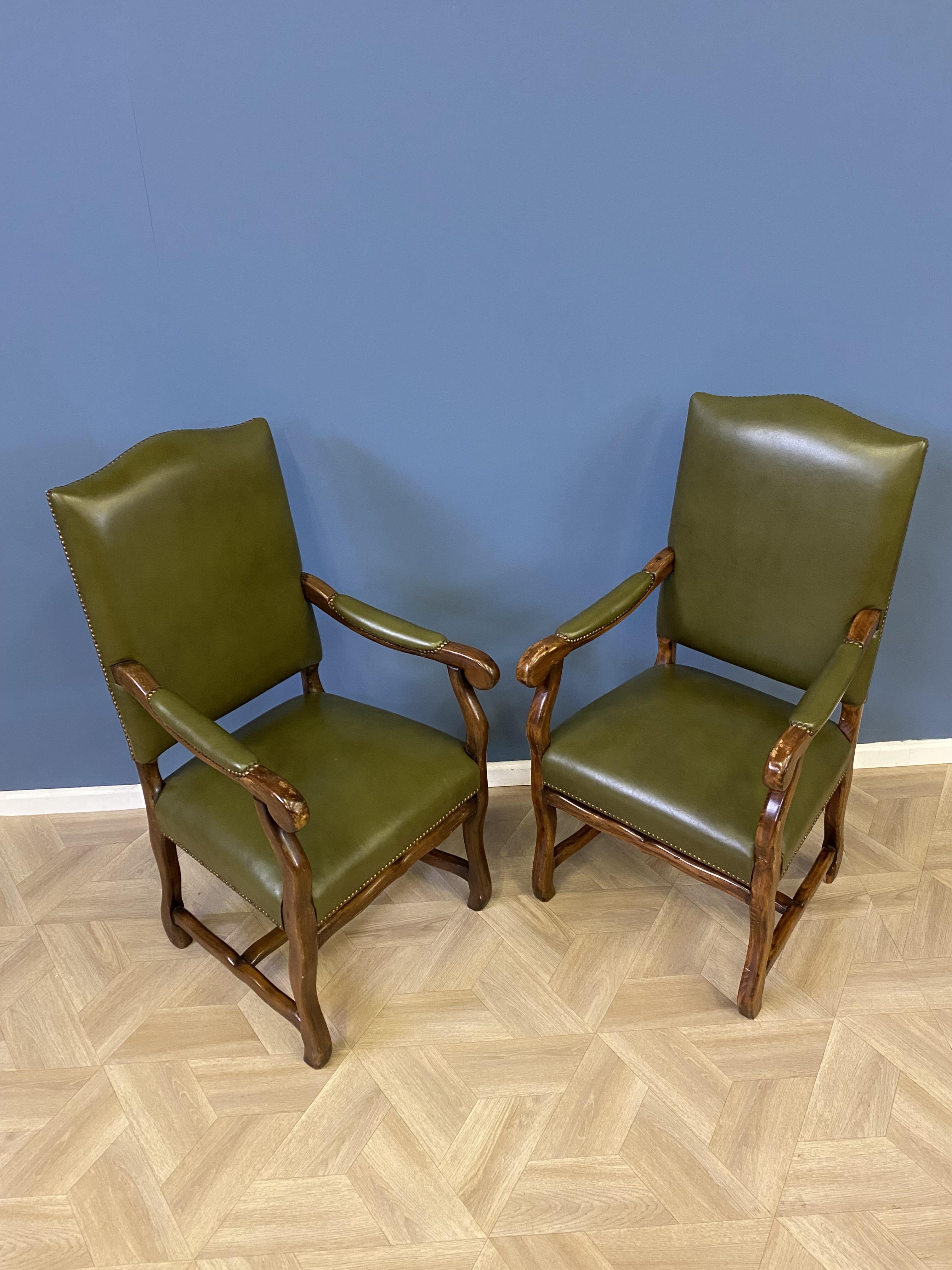 Pair of green leather open armchairs - Image 3 of 8