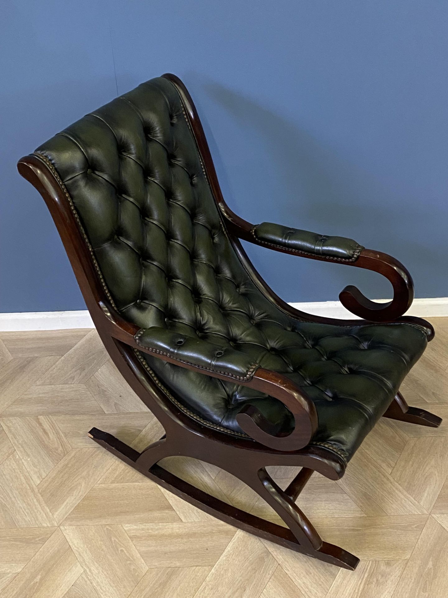 Mahogany framed green leather button back rocking chair - Image 2 of 6