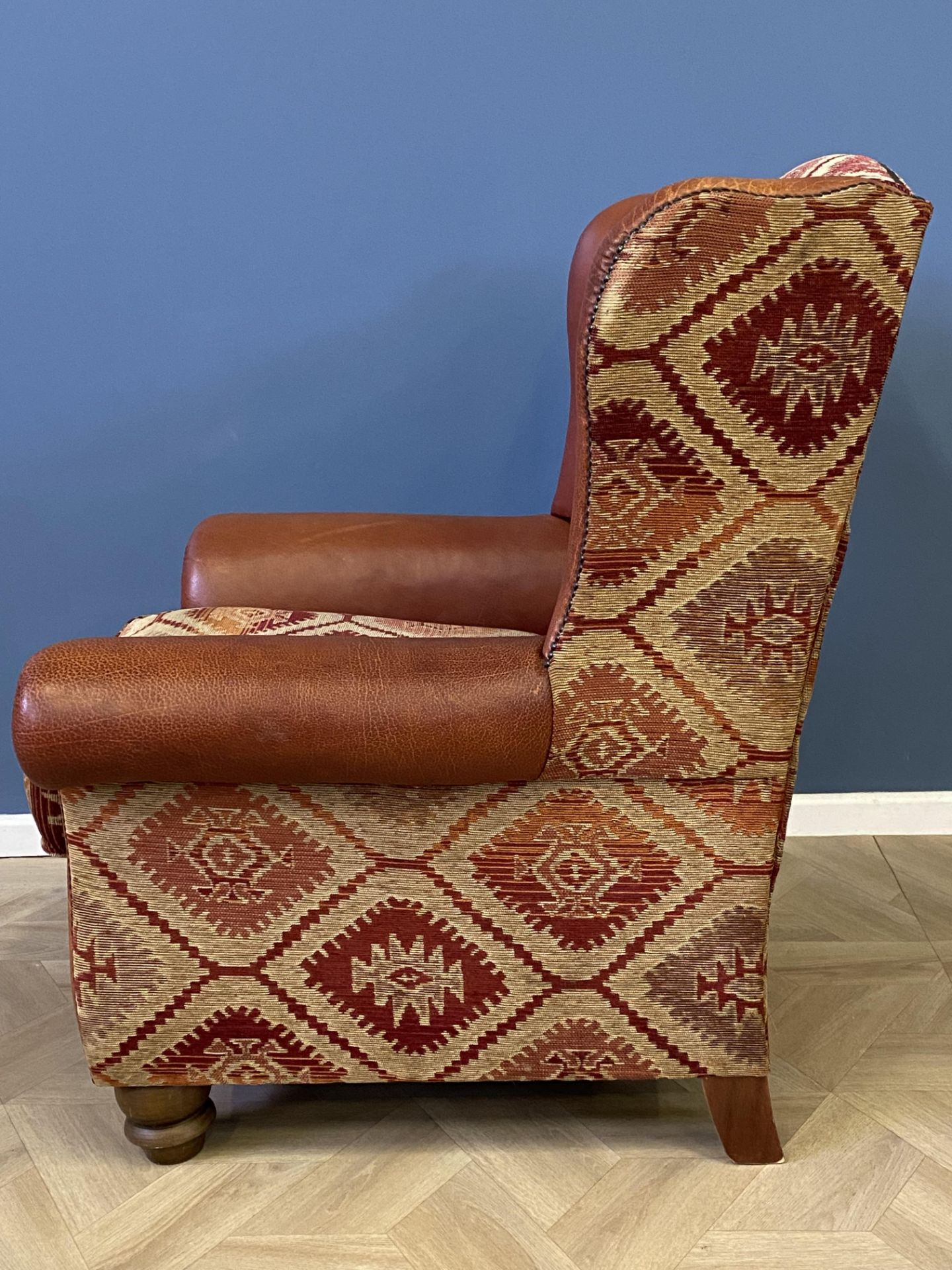 Contemporary leather and fabric upholstered armchair - Image 6 of 8