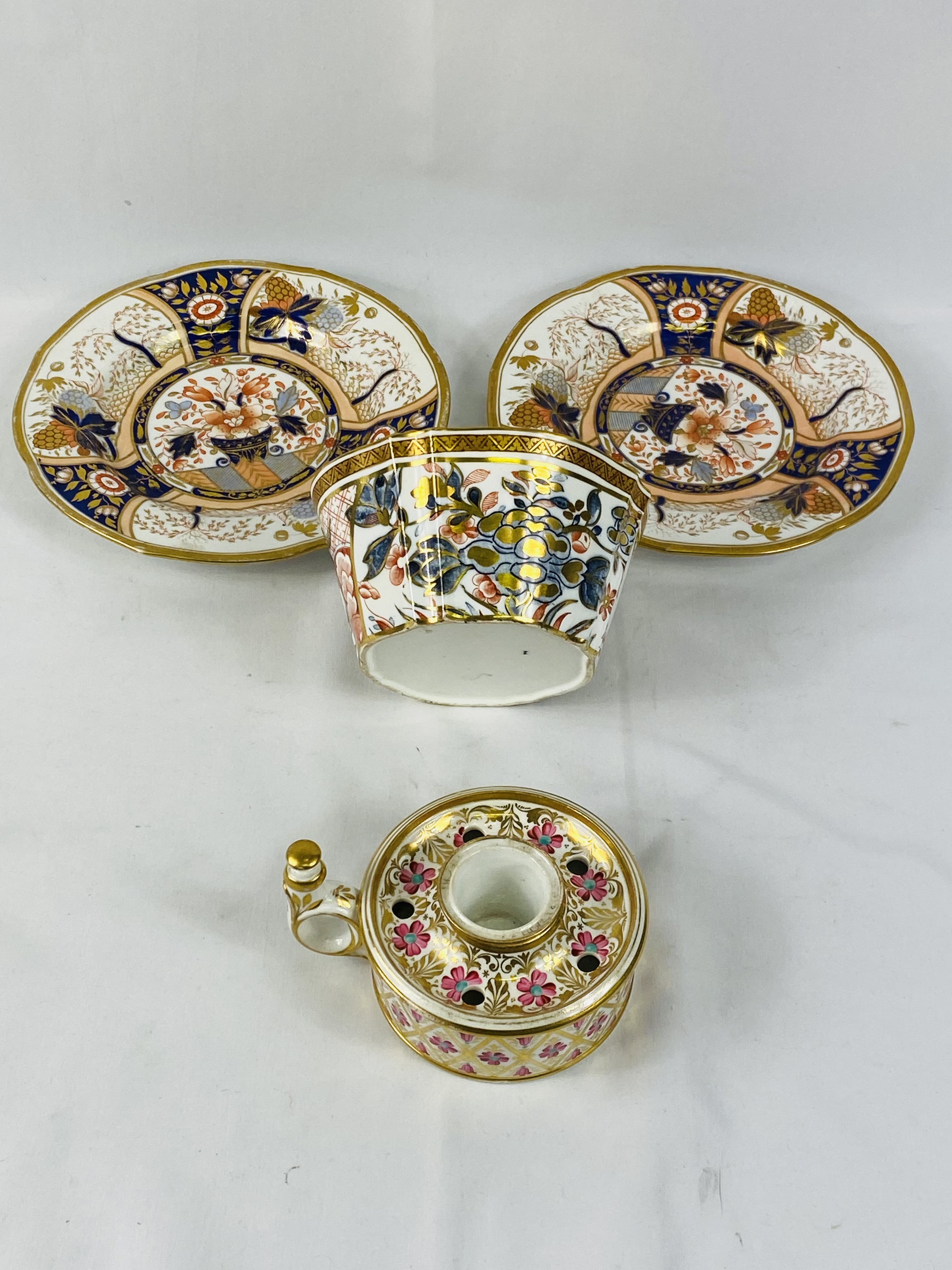 Crown Derby inkwell, two cabinet plates and bowls