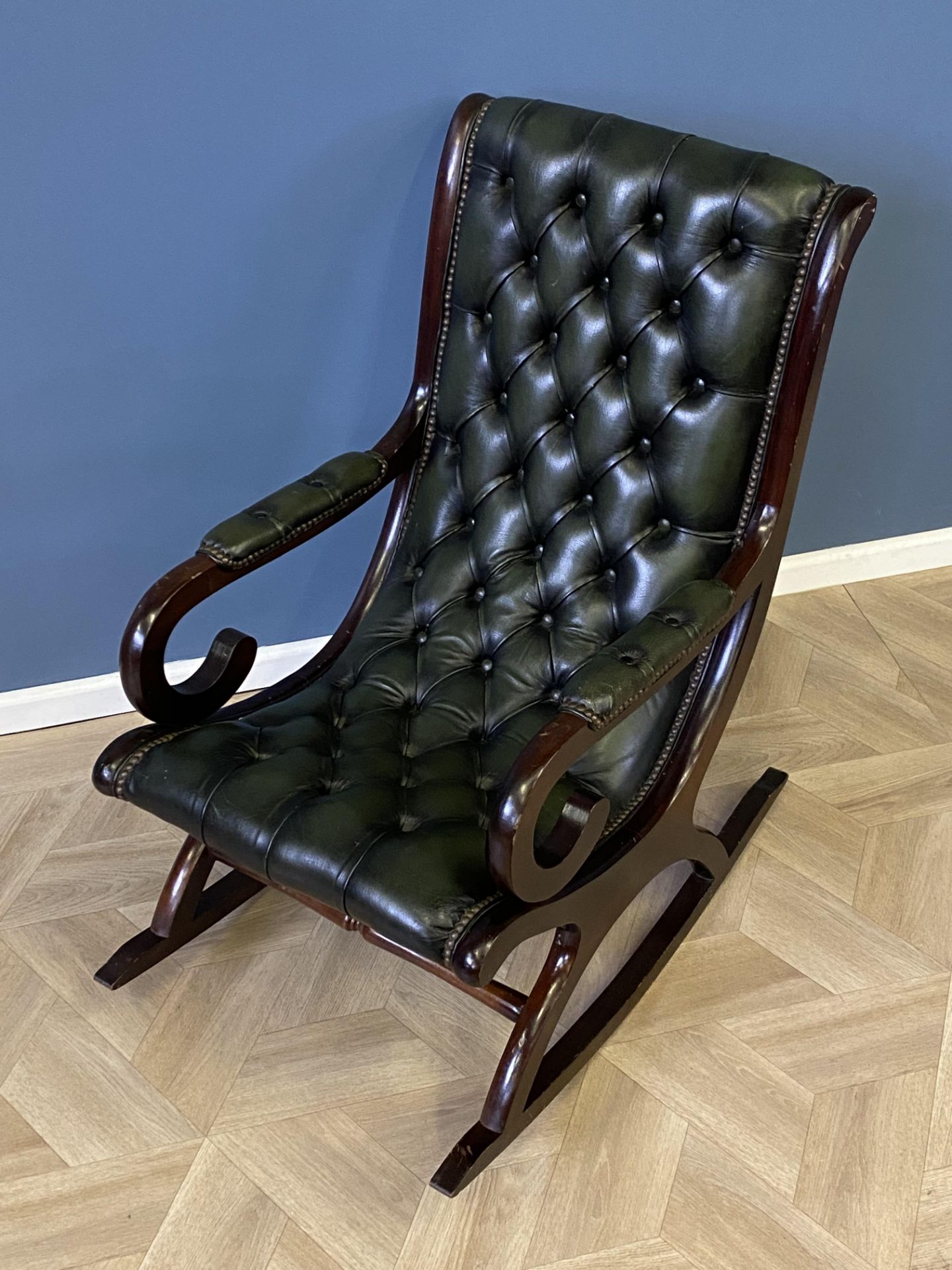 Mahogany framed green leather button back rocking chair - Image 3 of 6