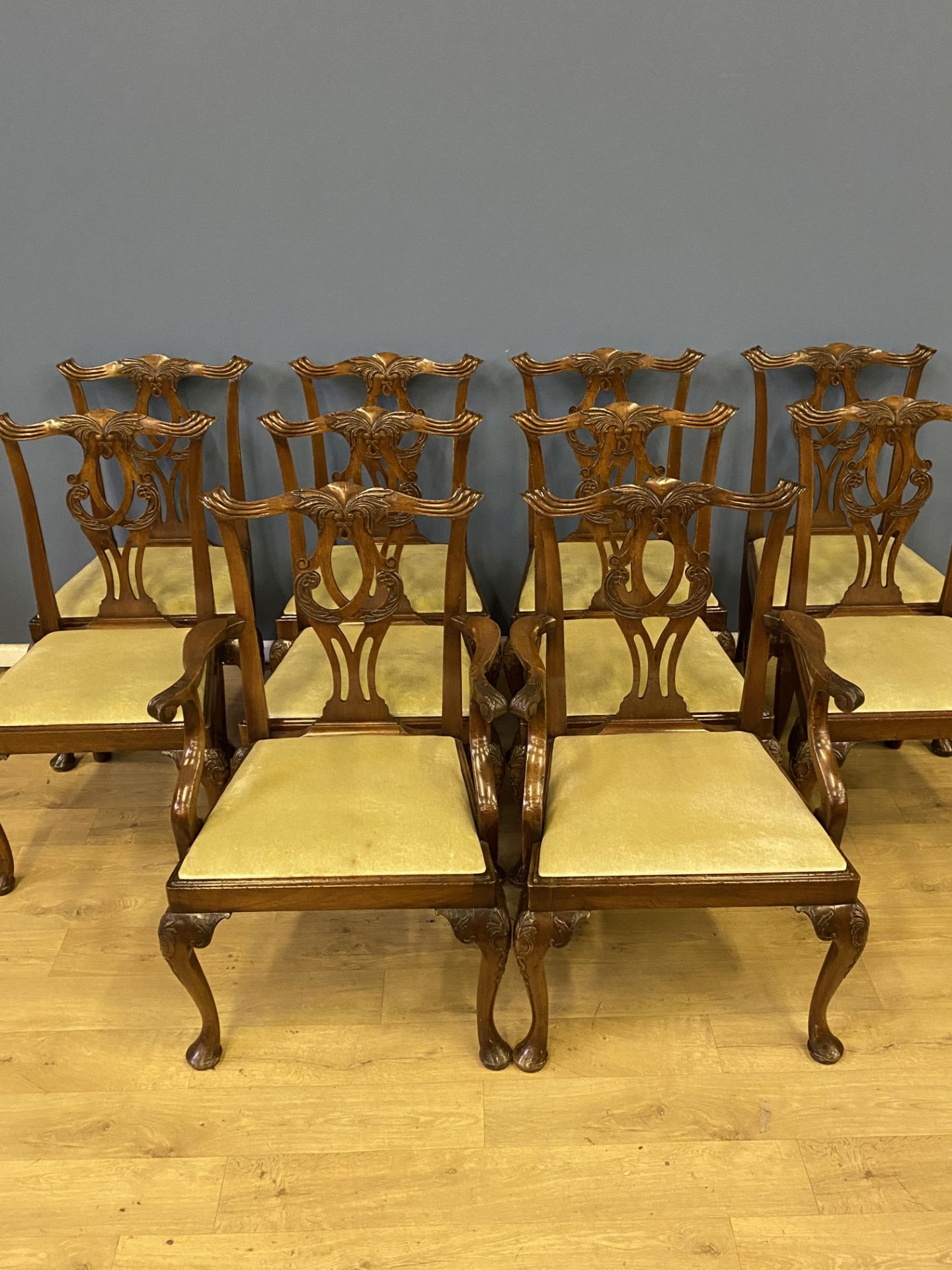 Set of ten 1920's mahogany Chippendale style dining chairs - Image 2 of 13