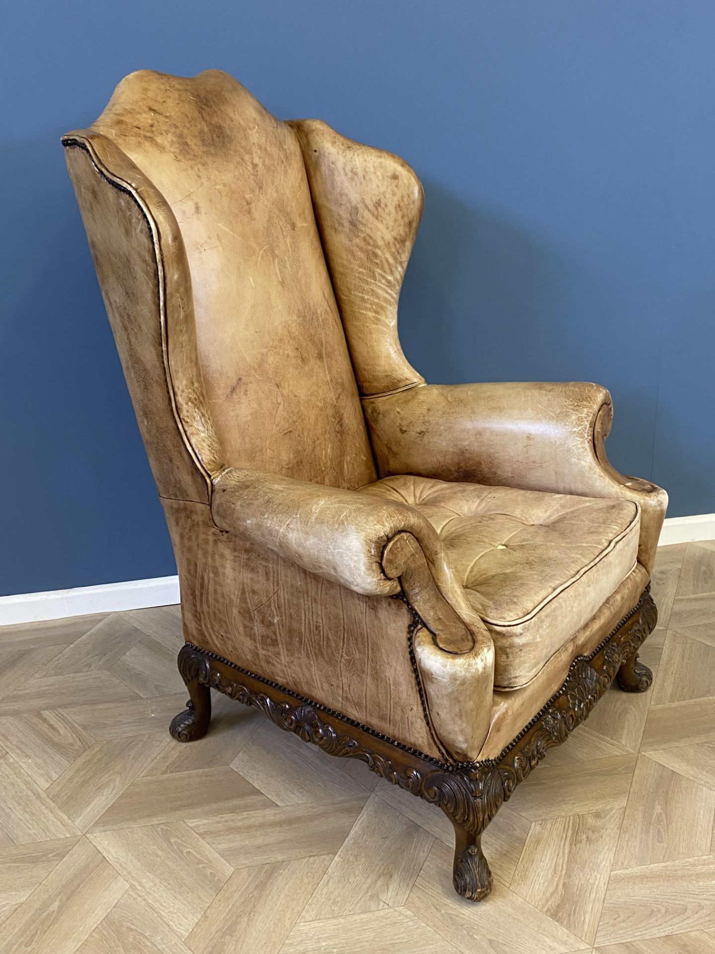 Queen Anne style leather wing back open armchair - Image 3 of 7